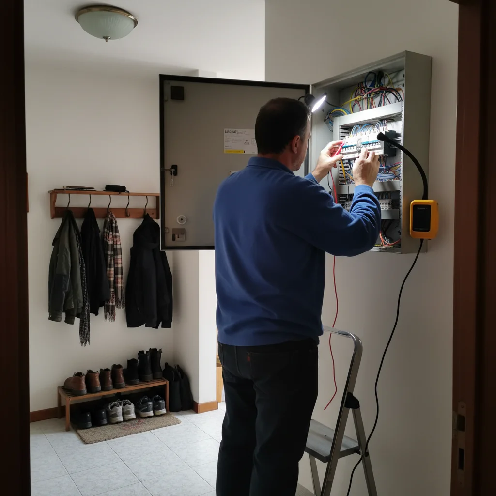 Elettricista al lavoro su quadro elettrico a Milano